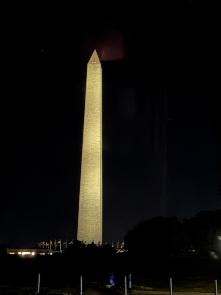 The Washington Monument at night, lit pale gold against a black sky, flags faintly visible at its base.